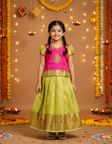 Kids pink and lemon green pattu pavadai set with puff sleeves and zari woven silk skirt from Sri Thulir Tex