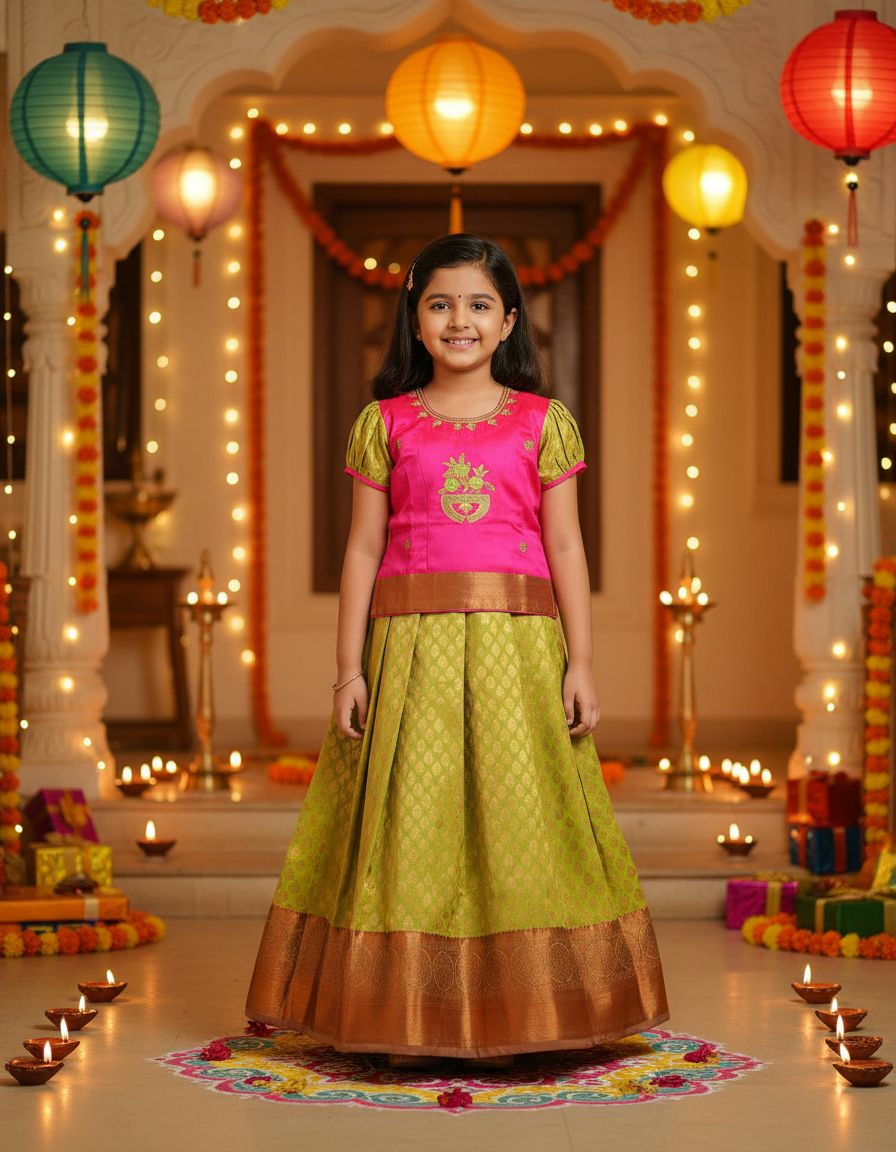 Kids pink and light green pattu pavadai set with puff sleeve blouse and zari silk skirt from Sri Thulir Tex