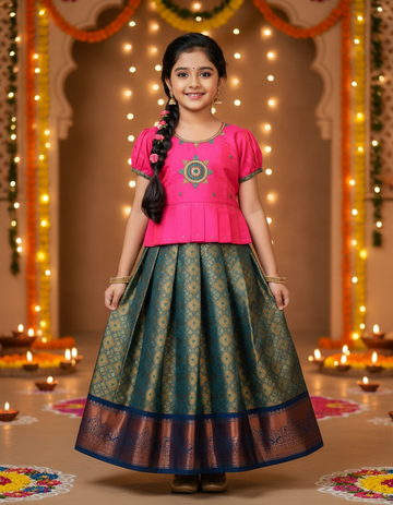 Kids pink semi silk top with peacock green bridal silk pattu pavadai set by Sri Thulir Tex