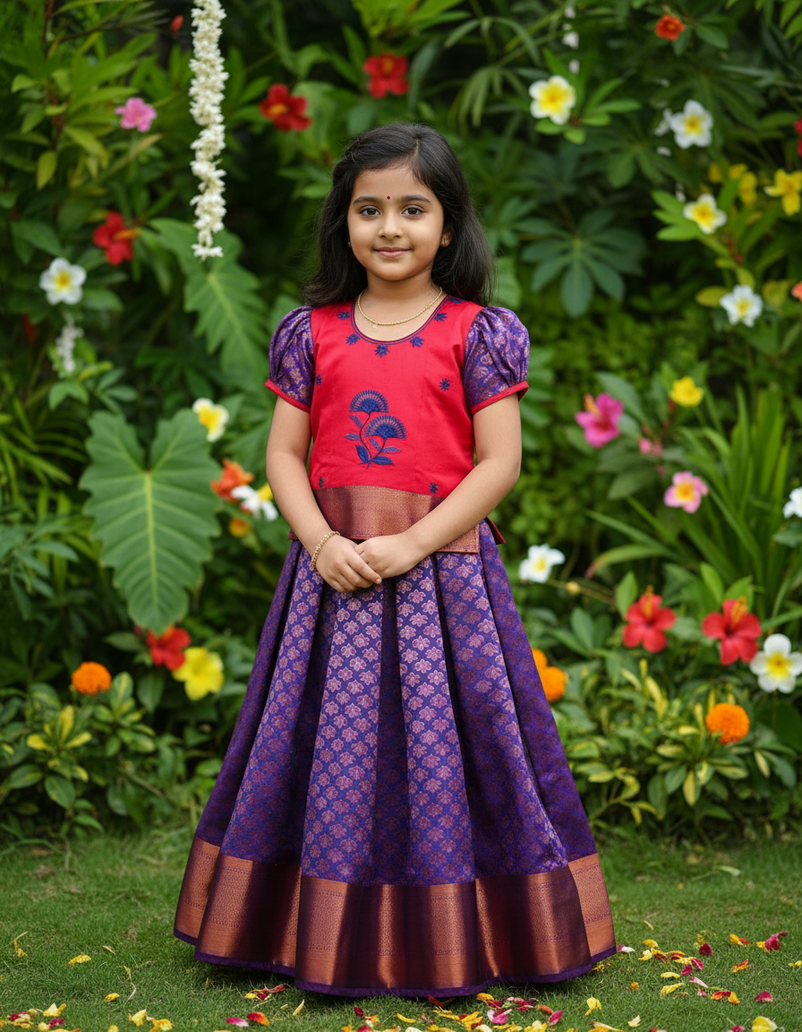 Kids pink and purple pattu pavadai set with puff sleeve blouse and zari silk skirt from Sri Thulir Tex