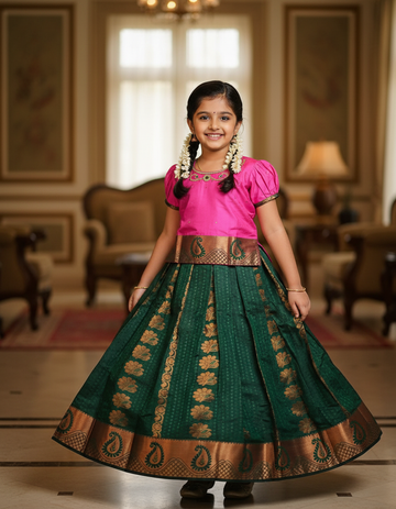 Kids pattu pavadai with pink semi silk top and bottle green emboss skirt – Sri Thulir Tex