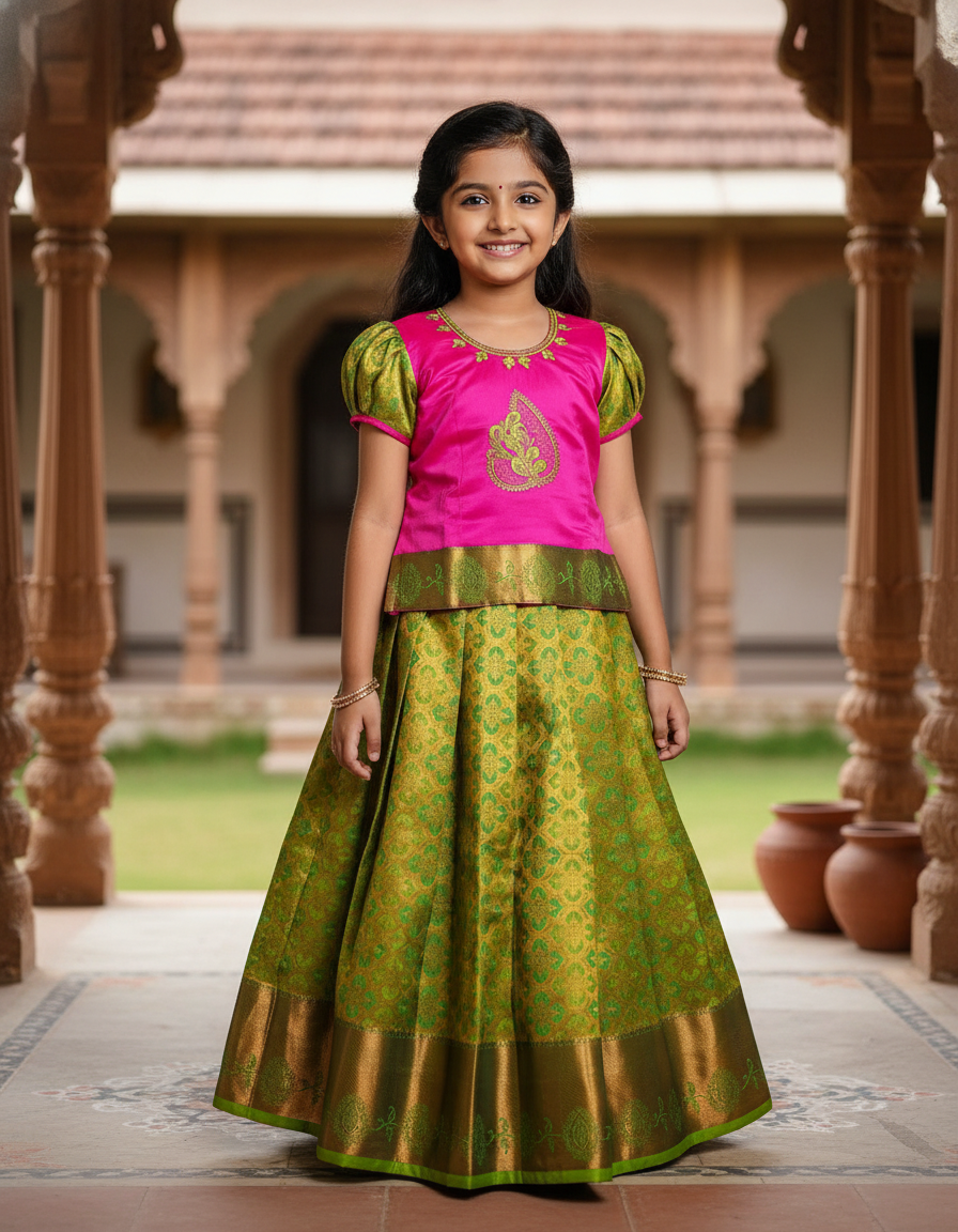 Kids pink top and green bridal silk pattu pavadai set – Sri Thulir Tex