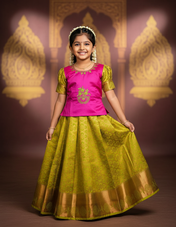 Pink semi silk top with green bridal silk zari skirt – Kids Pattu Pavadai Set – Sri Thulir Tex