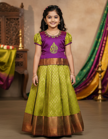 Kids pattu pavadai with pink top and green bridal silk skirt – Sri Thulir Tex