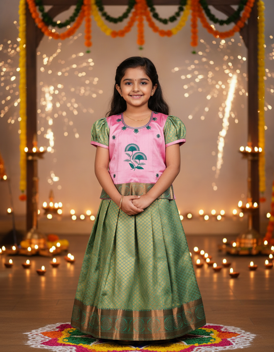 Kids pattu pavadai set with pink top and green silk skirt from Sri Thulir Tex
