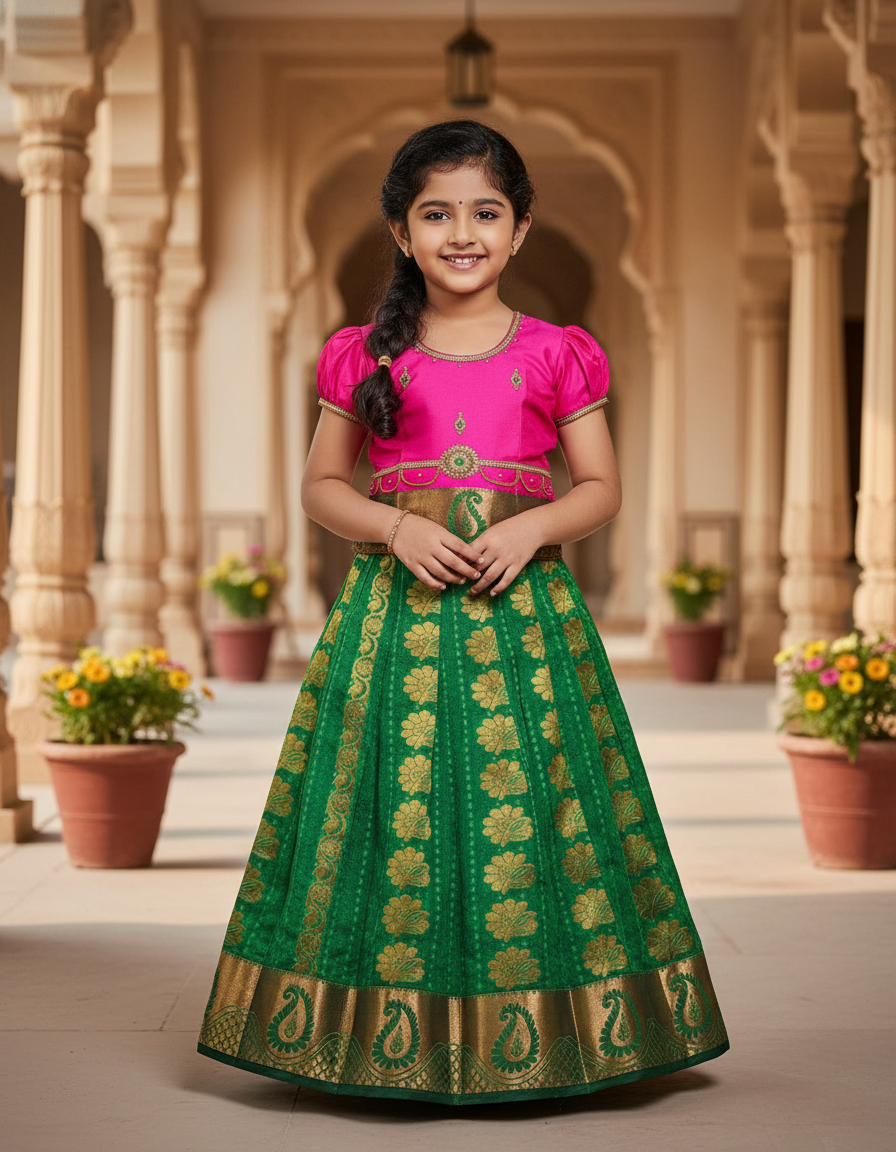 Kids Pattu Pavadai set with pink top and green zari woven skirt from Sri Thulir Tex.