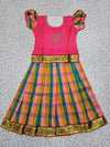 Kids pink top with pink green orange Palum Palam checked skirt pattu pavadai – Sri Thulir Tex