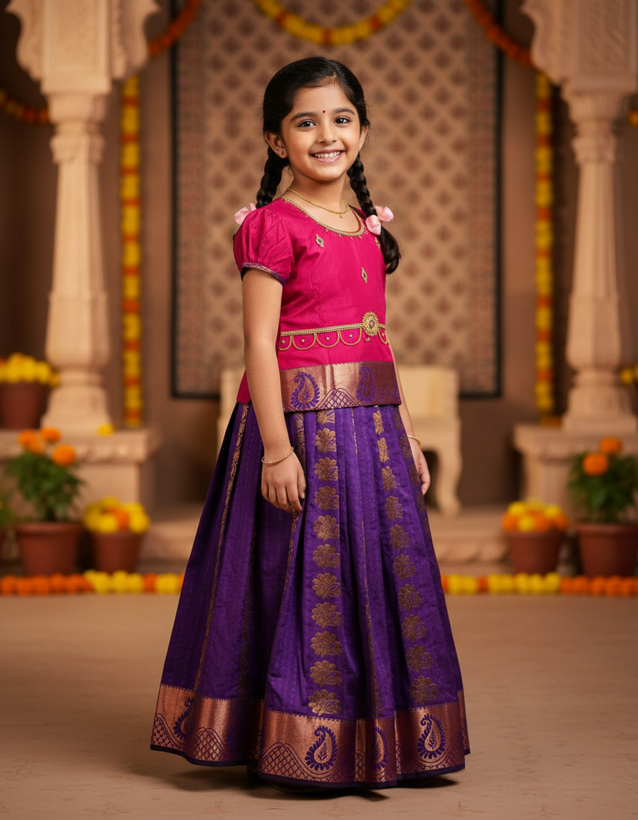 Kids pink semi silk top with purple emboss skirt pattu pavadai – Sri Thulir Tex
