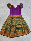 Kids purple and dark green pattu pavadai set with puff sleeves and zari silk skirt from Sri Thulir Tex