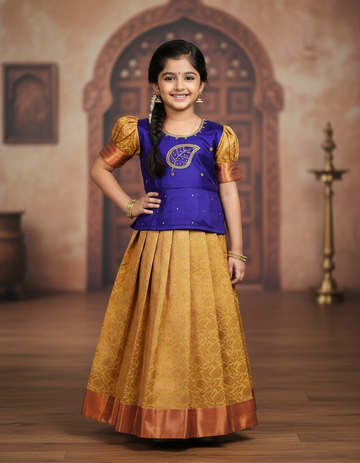 Kids Purple and Mustard Pattu Pavadai Set – Semi Silk Top and Bridal Silk Skirt with Stone Work
