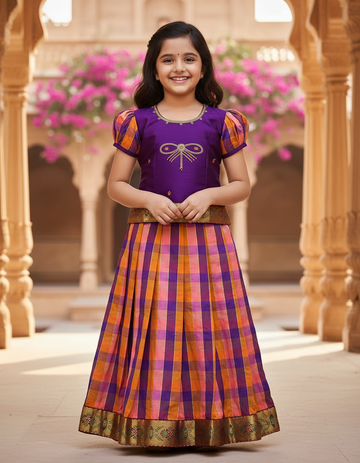 Kids purple top with orange pink purple Palum Palam checked skirt pattu pavadai – Sri Thulir Tex