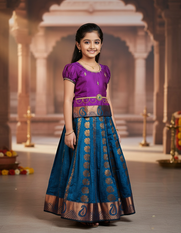 Kids pattu pavadai with purple top and blue emboss skirt – Sri Thulir Tex