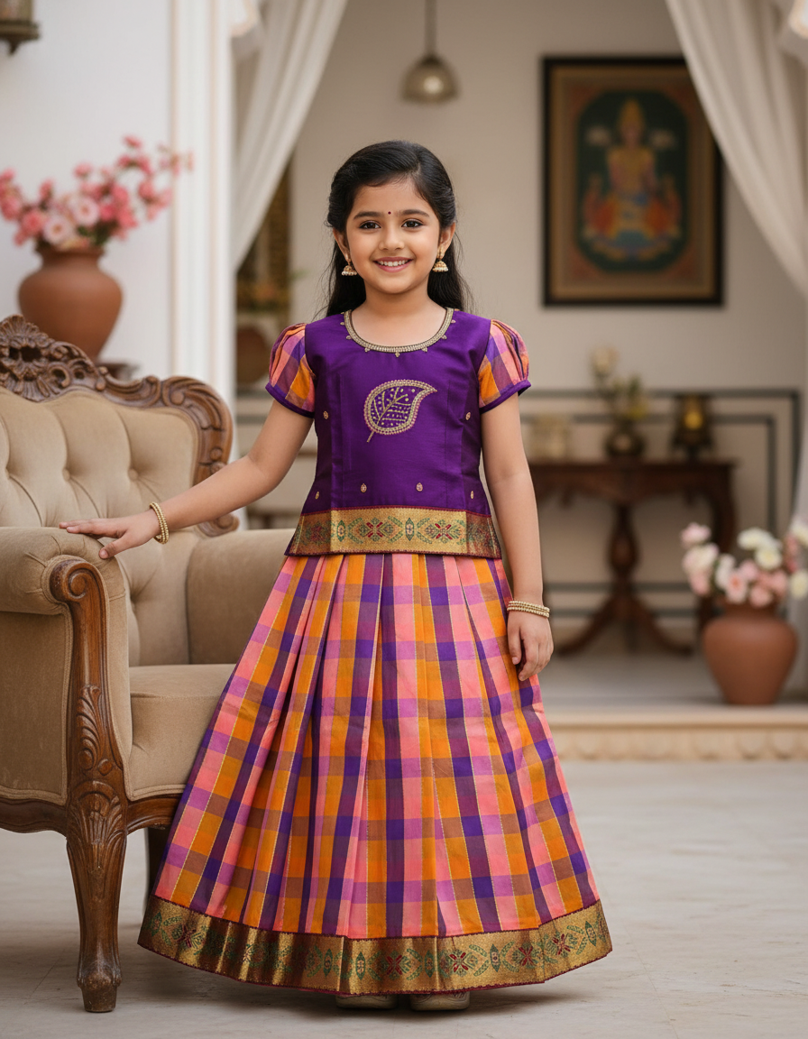 Kids purple top with pink orange purple Palum Palam checked skirt pattu pavadai – Sri Thulir Tex