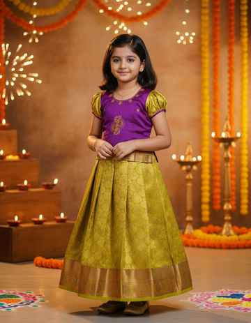Kids pattu pavadai set with purple top and yellow bridal silk skirt by Sri Thulir Tex