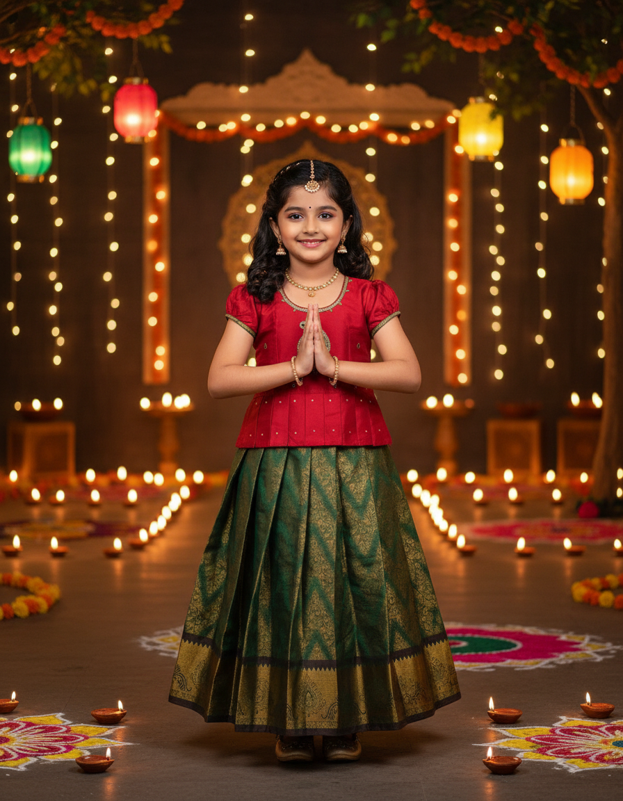 Kids red semi silk top with dark green bridal silk pattu pavadai set by Sri Thulir Tex
