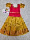 Kids pattu pavadai set with red top and golden bridsl silk skirt from Sri Thulir Tex