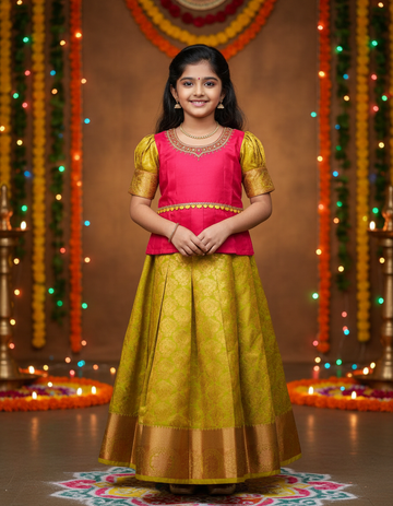Kids pattu pavadai set with red top and golden bridsl silk skirt from Sri Thulir Tex