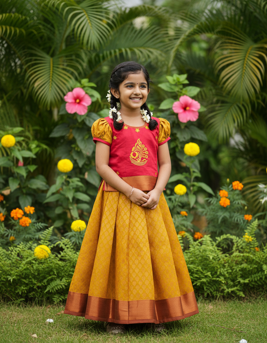 Kids pattu pavadai set with red semi-silk top and mustard gold bridal silk skirt by Sri Thulir Tex