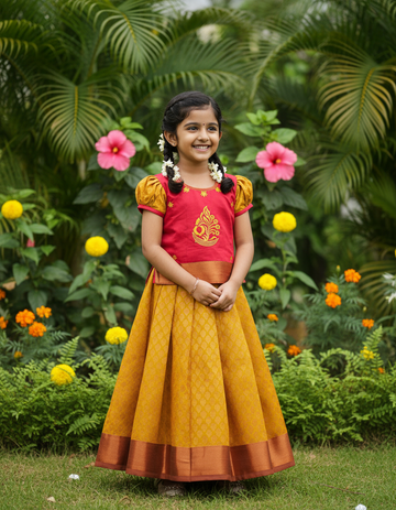 Kids pattu pavadai set with red semi-silk top and mustard gold bridal silk skirt by Sri Thulir Tex
