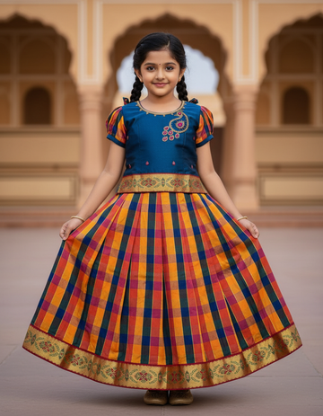 Kids royal blue top with orange navy yellow Palum Palam checked skirt pattu pavadai – Sri Thulir Tex