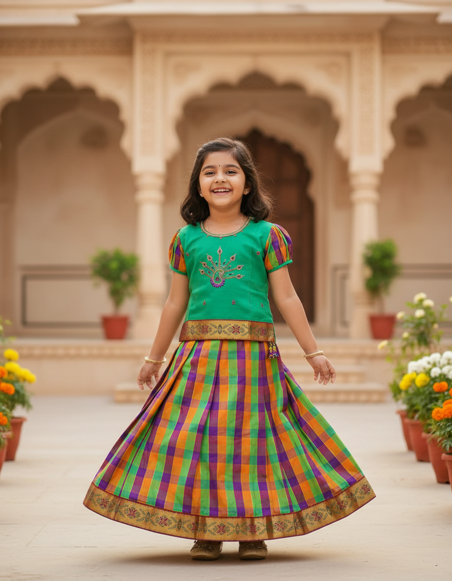 Kids sea green top with green orange purple Palum Palam checked skirt pattu pavadai – Sri Thulir Tex