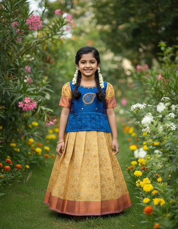 Kids pattu pavadai set with blue semi silk top and cream bridal silk skirt by Sri Thulir Tex