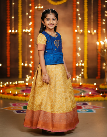 Kids pattu pavadai set with blue semi silk top and cream bridal silk skirt by Sri Thulir Tex