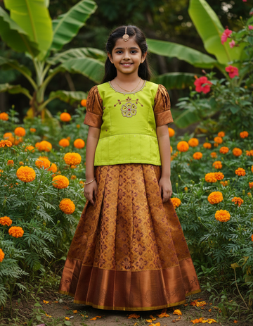 Kids pattu pavadai set with green semi silk top and gold bridal silk skirt by Sri Thulir Tex