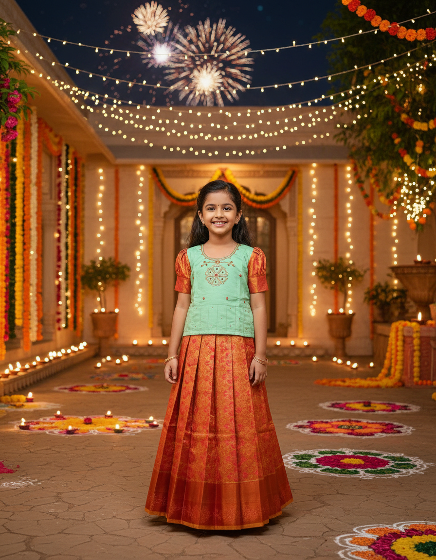 Kids pattu pavadai set with mint green semi silk top and orange bridal silk skirt by Sri Thulir Tex