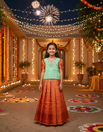 Kids pattu pavadai set with mint green semi silk top and orange bridal silk skirt by Sri Thulir Tex