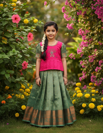 Kids pattu pavadai set with pink semi silk top and green bridal silk skirt by Sri Thulir Tex