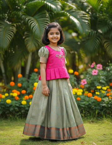 Kids pattu pavadai set with pink semi silk top and green bridal silk skirt by Sri Thulir Tex