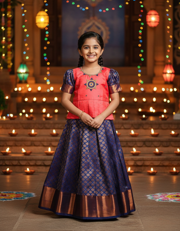 Kids pattu pavadai set with pink semi silk top and navy blue bridal silk skirt by Sri Thulir Tex