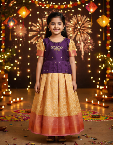 Kids pattu pavadai set with purple semi silk top and cream bridal silk skirt by Sri Thulir Tex