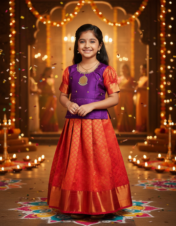 Kids pattu pavadai set with purple semi silk top and orange bridal silk skirt by Sri Thulir Tex