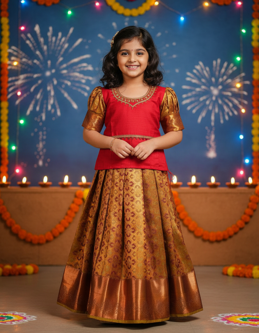 Kids red and gold pattu pavadai set with semi silk blouse and bridal silk skirt by Sri Thulir Tex
