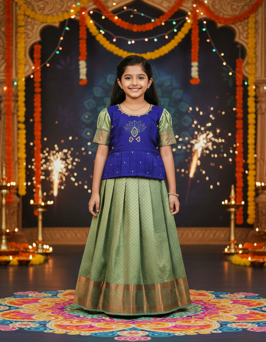 Kids pattu pavadai set with royal blue semi silk top and green bridal silk skirt by Sri Thulir Tex