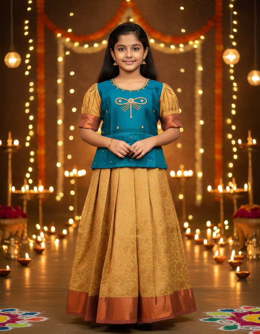 Kids pattu pavadai set with teal blue semi silk top and cream bridal silk skirt by Sri Thulir Tex