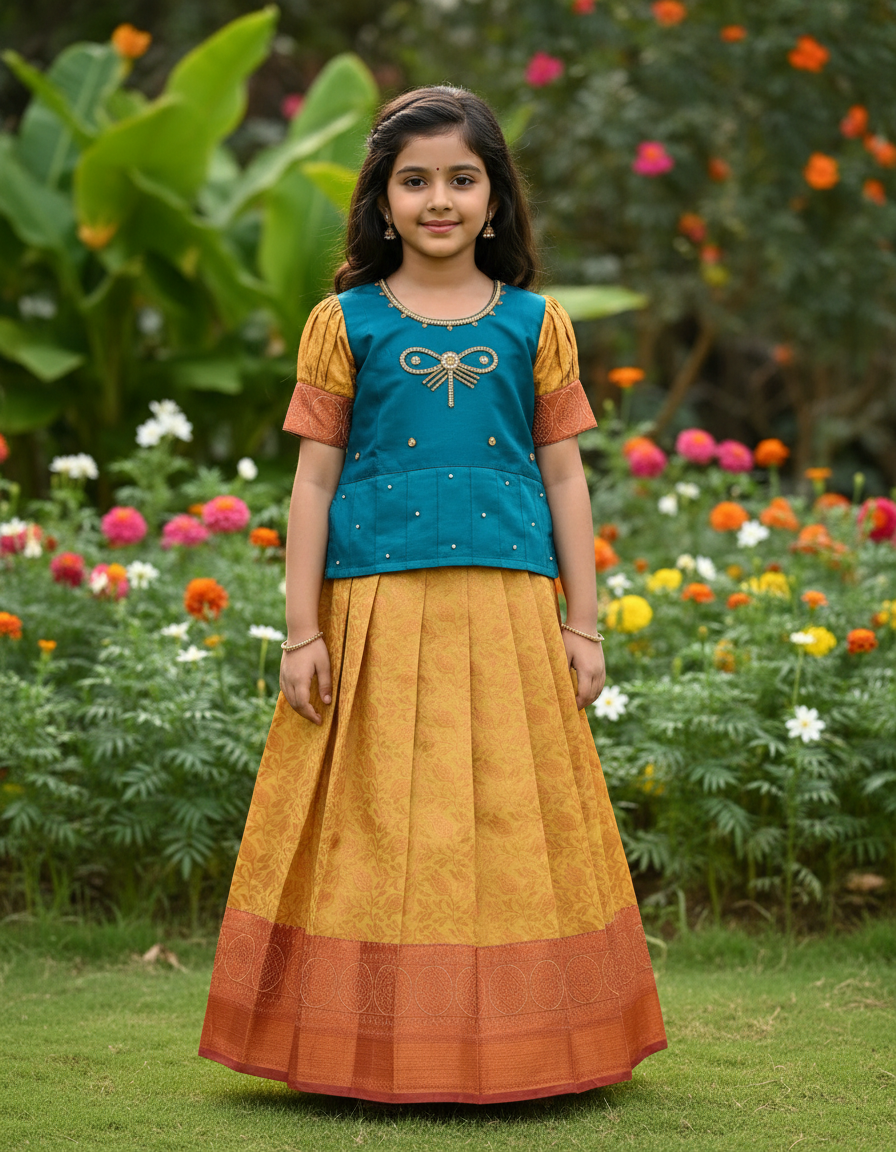 Kids pattu pavadai set with teal blue semi silk top and cream bridal silk skirt by Sri Thulir Tex
