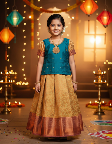 Kids teal blue blouse with stone work and copper gold silk pattu pavadai set by Sri Thulir Tex