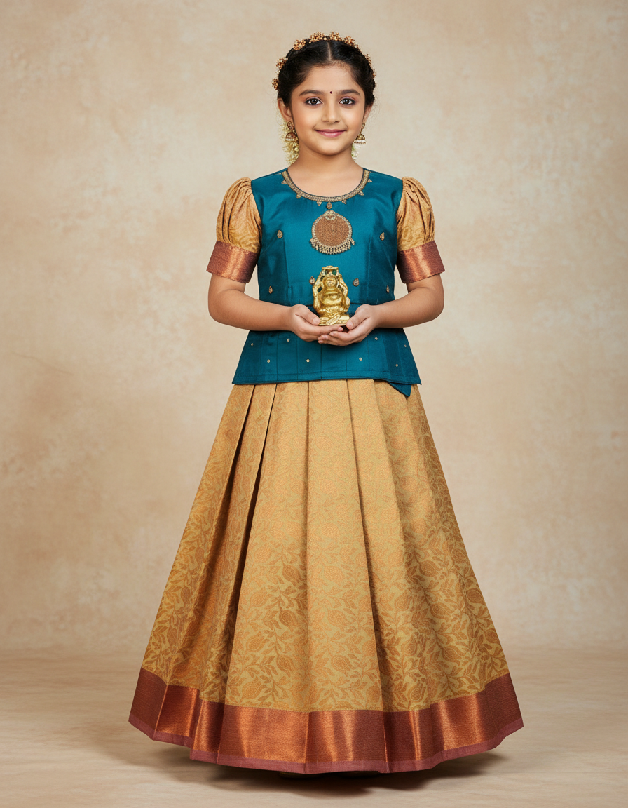 Kids teal blue stone work blouse with gold silk pattu pavadai set by Sri Thulir Tex