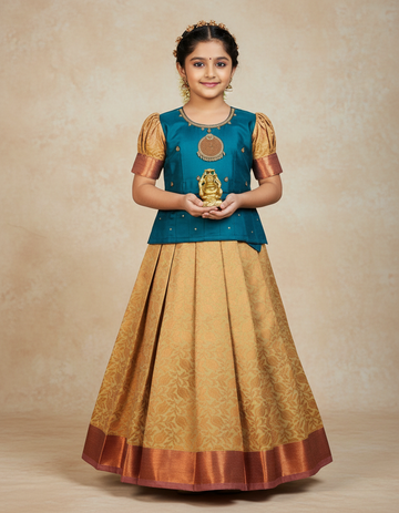 Kids teal blue stone work blouse with gold silk pattu pavadai set by Sri Thulir Tex