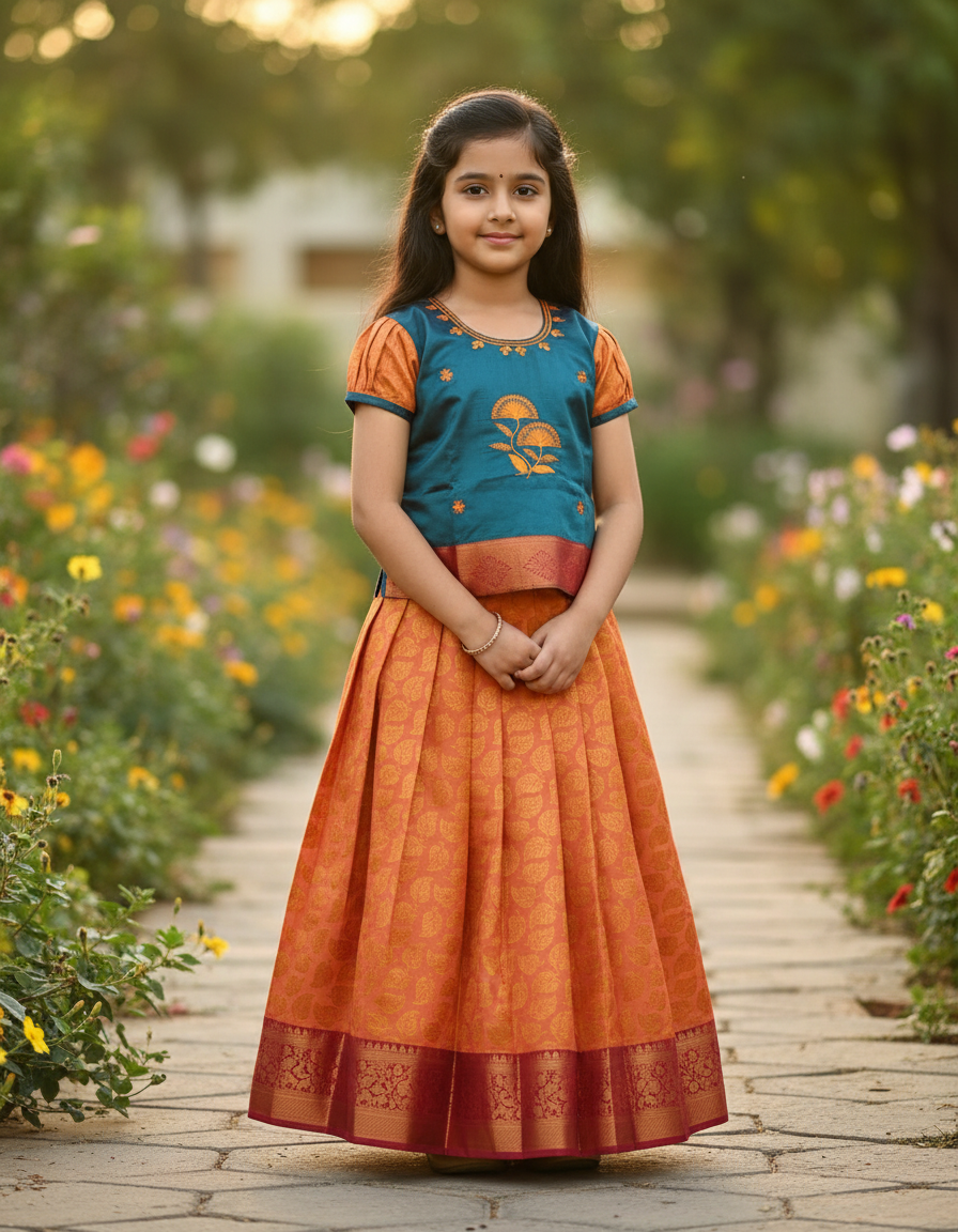 Kids teal blue and orange pattu pavadai set with puff sleeve blouse and zari silk skirt from Sri Thulir Tex