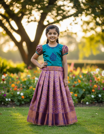 Kids teal green and purple-gold pattu pavadai set with puff sleeves and zari woven skirt from Sri Thulir Tex