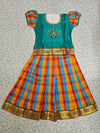 Kids teal green semi-silk top with orange blue checked Palum Palam skirt pattu pavadai – Sri Thulir Tex