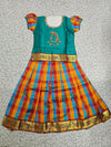 Kids teal green top with orange blue red Palum Palam checked skirt pattu pavadai – Sri Thulir Tex