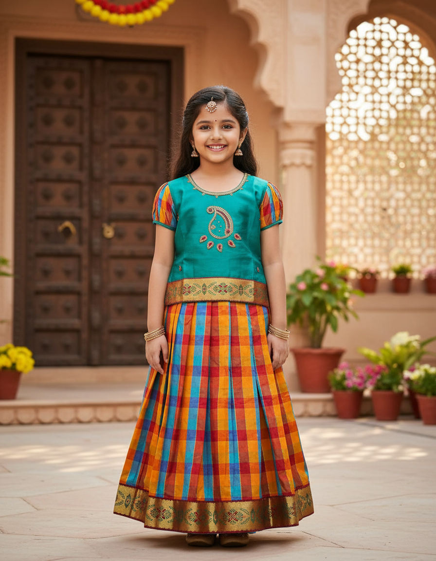 Kids teal green top with orange blue red Palum Palam checked skirt pattu pavadai – Sri Thulir Tex