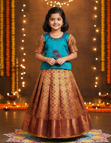 Kids pattu pavadai set with teal green top and purple bridal silk skirt from Sri Thulir Tex