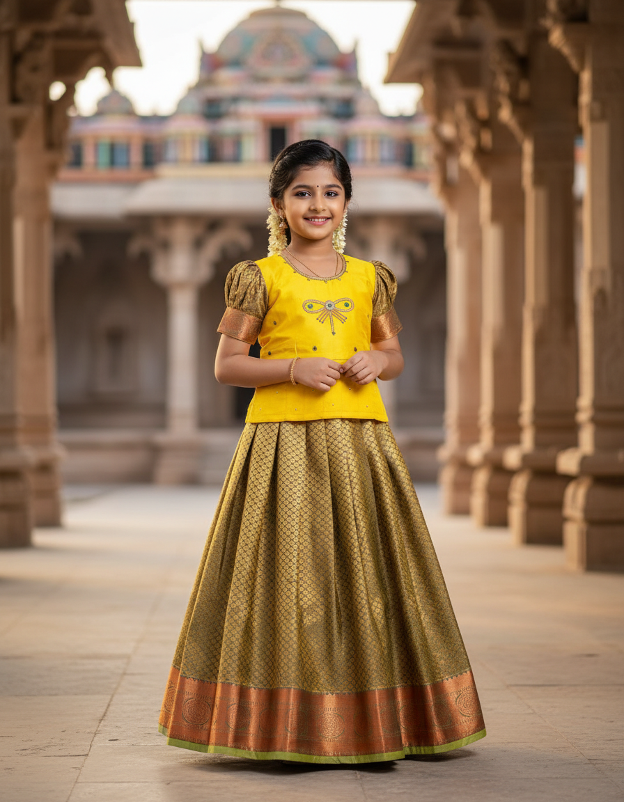Kids yellow top and gold silk pattu pavadai set from Sri Thulir Tex