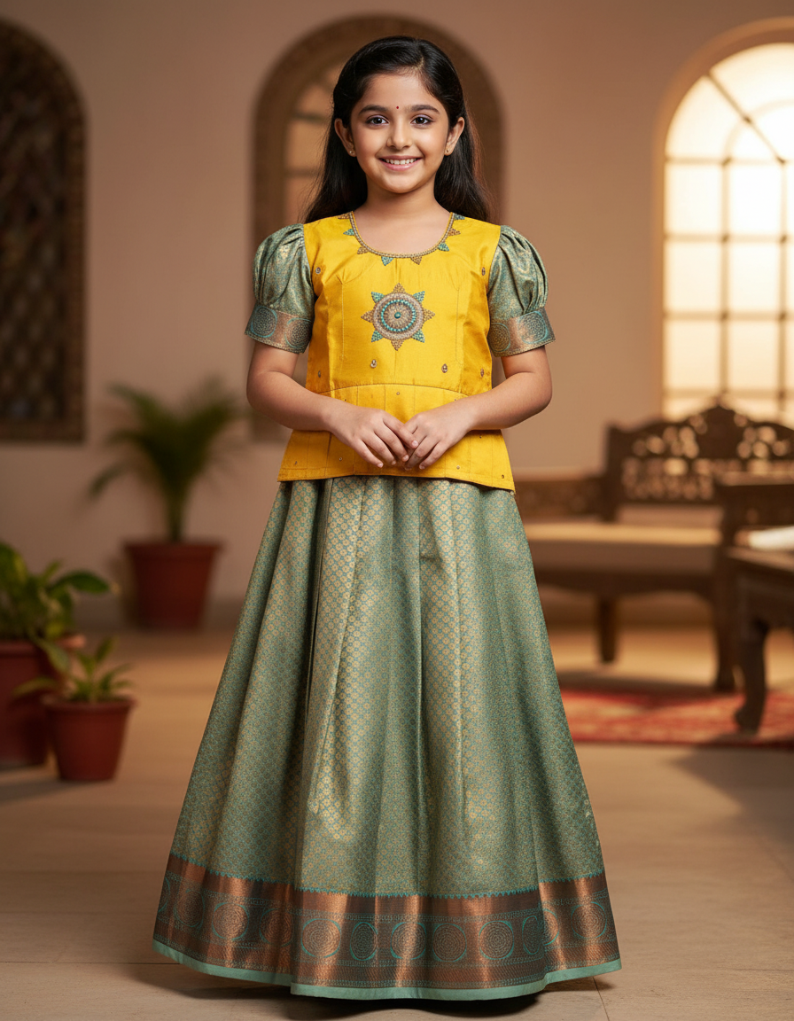Kids Yellow Top with Gold Bridal Silk Pattu Pavadai Set